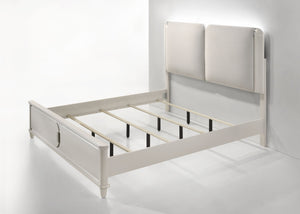 English Elm Laveda Elegant Light Gray Boucle Eastern King Bed With Led Lighting & Sleek Pearl White Accents B2726S00290