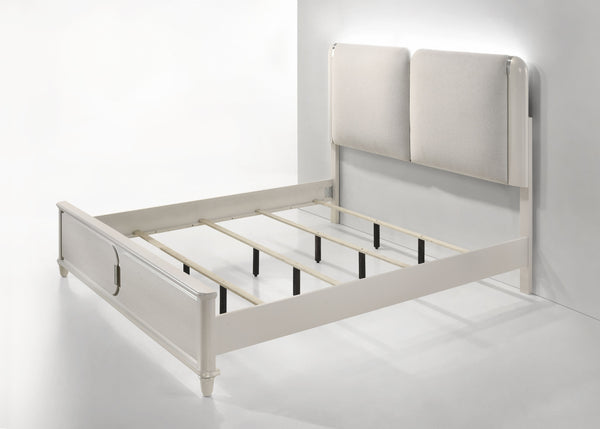 English Elm Laveda Elegant Light Gray Boucle Eastern King Bed With Led Lighting & Sleek Pearl White Accents B2726S00290