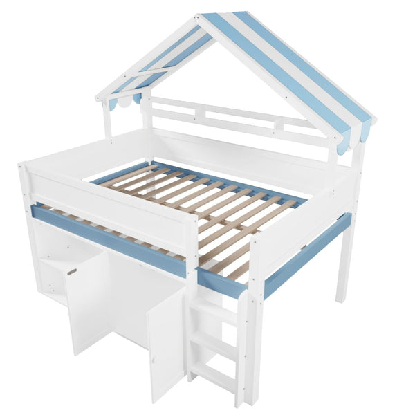 English Elm Full Size Pine Loft Bed with House Canopy Roof Built in Shelves and Storage Cabinet N7090005012C