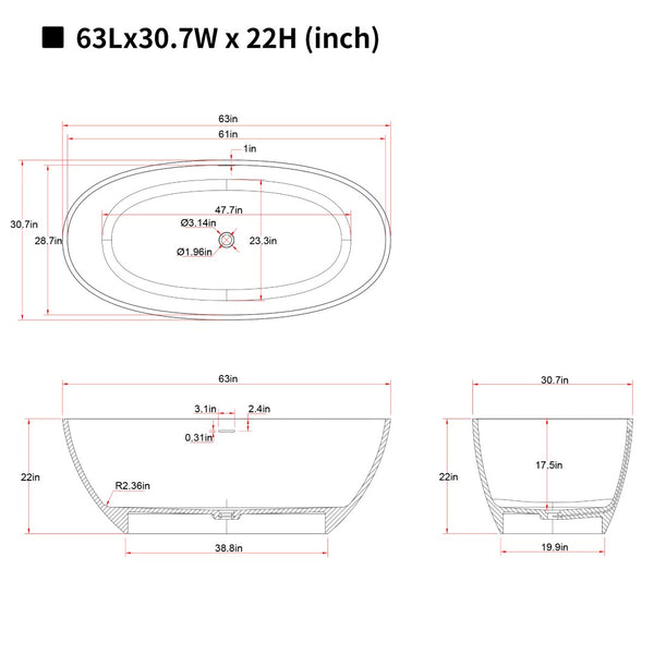 English Elm 63'' Freestanding Stone Resin Soaking Tub Spa Bath with Ergonomic Design W2753P415959