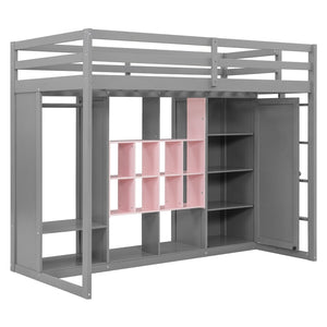 English Elm Twin Loft Bed with Wardrobe Shelves and Cabinet Kids Bedroom Wood Storage Frame Pink+Grey N708S00023E
