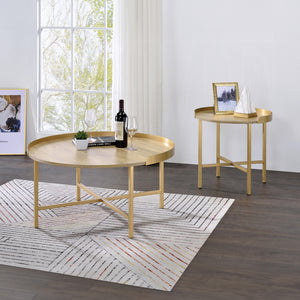 English Elm Tray Round Coffee Table with Oak Tray Top & Gold Crossbar Base — Modern Minimalist Accent for Living Rooms B016P329755