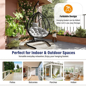 English Elm U_style Wicker Hanging Egg Chair with Stand Foldable Indoor Outdoor Swing Seat Black+ Gray N711P389502E