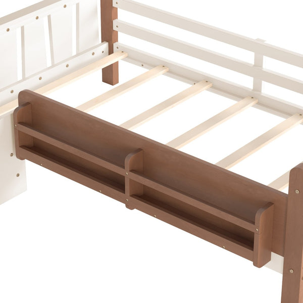 English Elm Twin Pine Floor Bed for Kids with Side Bookcases Built-in Stairs and Safety Guardrails Beige W1580P390214