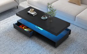 English Elm VIBE High Gloss LED Coffee Table with Hidden Storage, 2 Drawers & Display Shelves for Living Room Black WF307038AAB