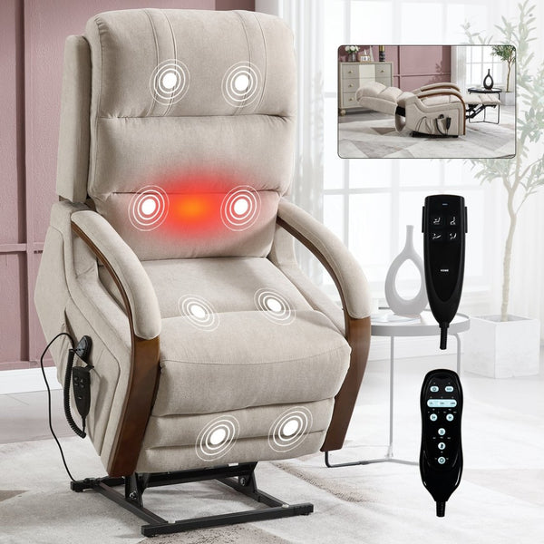English Elm Power Lift Recliner Chair Chenille Upholstery Dual Motor Heat Massage Solid Wood Arms Beige W1803S00077