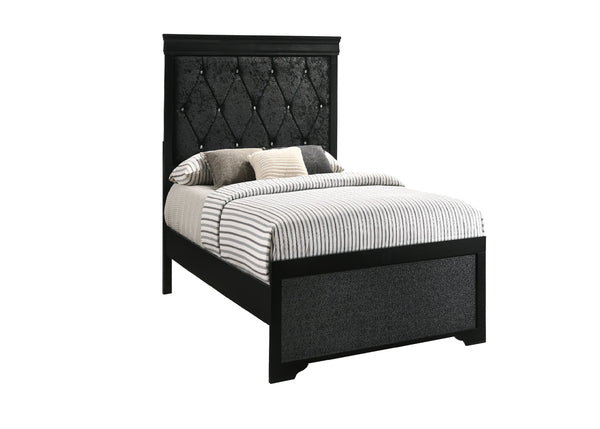 English Elm Modern King Panel Bed with Champagne Frame and Tufted Upholstered Headboard, Durable Wood Finish Black 46.86 L x 32.68 W x 4.53 H B011S01019