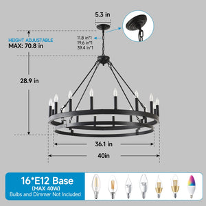 English Elm 39 Inch Matte Black Wagon Wheel Chandelier 16 Candelabra Lights Farmhouse Dining W5008P392763