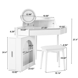 English Elm Corner Makeup Vanity Desk with 360° Rotating LED Mirror, Adjustable Brightness, L-Shaped Corner Design and Pull-Out Storage for Small Spaces White N844P263663A