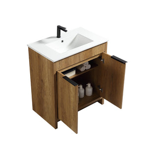 English Elm 30 Inch Floating Bathroom Vanity Fluted Wood Grain Front with Ceramic Integrated Sink W3520S00046
