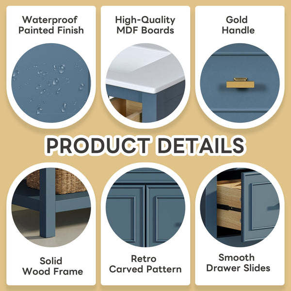 English Elm 60'' Bathroom Vanity Set With Ceramic Sink – Stylish Freestanding Storage Cabinet In Blue Finish N710SS00004C