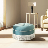 English Elm Yolanda 24" Round Upholstered Accent Ottoman, Arctic Blue Velvet