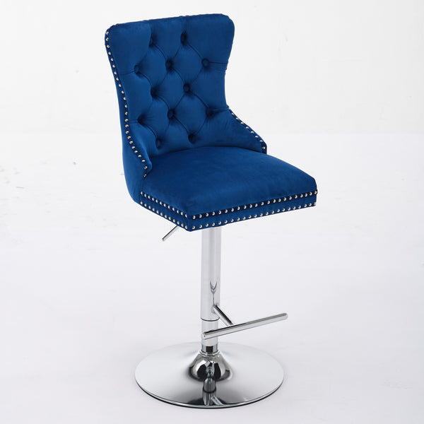 English Elm Thick Velvet Swivel Barstools with 17.7" Chrome Base, Tufted Diamond Pleating, Comfort Foam Seats Blue W1143P335044