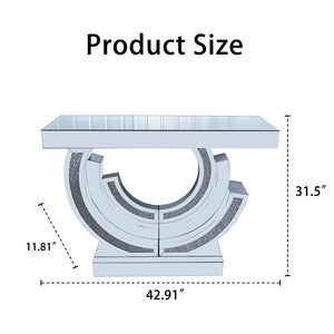 English Elm 3C Silver Crushed Diamond Mirrored Console Table – Modern Curved 3D Hallway Accent for Living Room W3836P362145