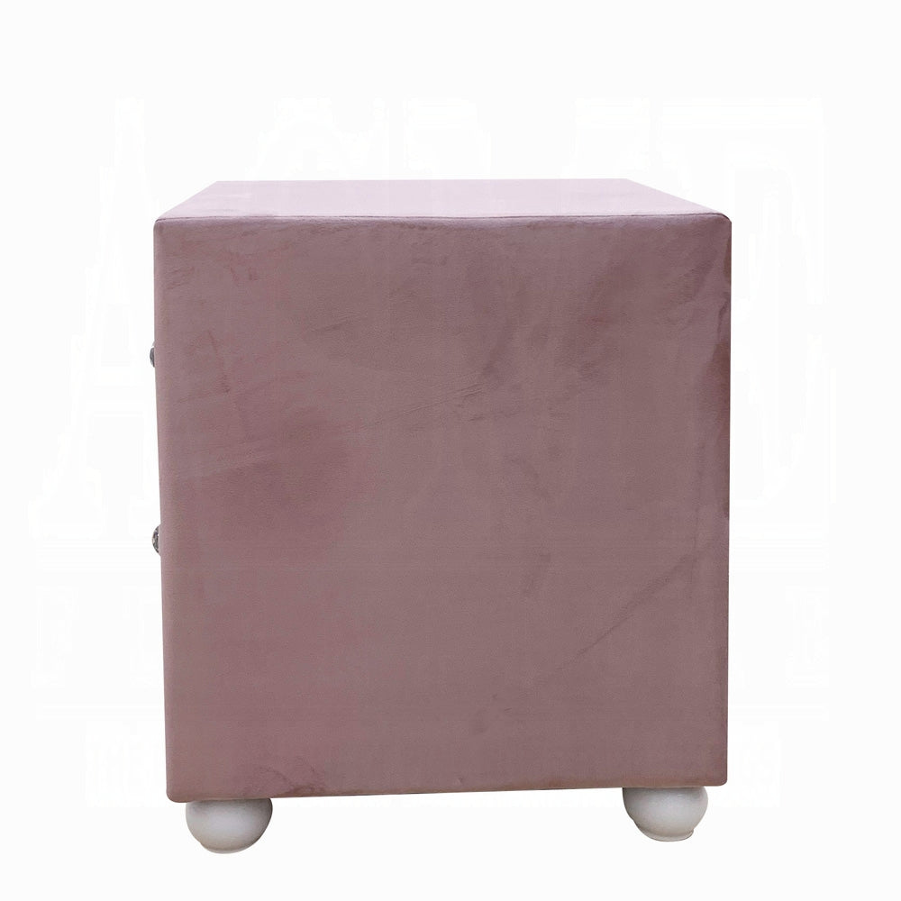 English Elm Beautiful Pink Fabric Nightstand with Two Drawers, Crystal Knobs, Rounded White Bun Feet, 17" Cubic Stylish Accent Table B2741P323124