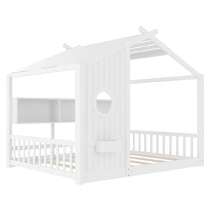English Elm Full House Floor Bed with Roof Playhouse Design, Montessori Style with Rear Storage Shelf, Sturdy Pine White 78.5 L x 16.35 W x 8 H N733P335068K