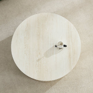 English Elm Faux Round Faux Travertine Coffee Table 35.4" Diameter with Handcrafted Relief Design, No Assembly Needed W876P362386