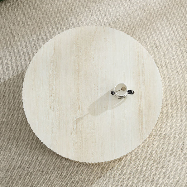English Elm Faux Round Faux Travertine Coffee Table 35.4" Diameter with Handcrafted Relief Design, No Assembly Needed W876P362386