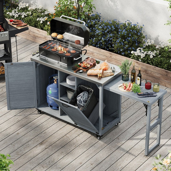 English Elm K&k Outdoor Rolling Kitchen Island Fir Wood Stainless Steel Top with Foldable Prep Station Grey+Blue N707P370276G