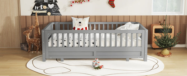 English Elm Twin Size Platform Bed With Guardrails - Stylish, Solid Wood Frame Converts To Double Twin, Grey W1580S00240-GIGA