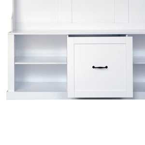 English Elm U-Can 57'' Hall Tree with Bench, Drawer & Shelves for Entryway Organizing and Stylish Storage White N724P264673K