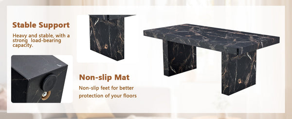 English Elm Table and Chair Set 9 Piece Black Marble Mdf Dining with 8 Pu Leather Seats W1151S03924