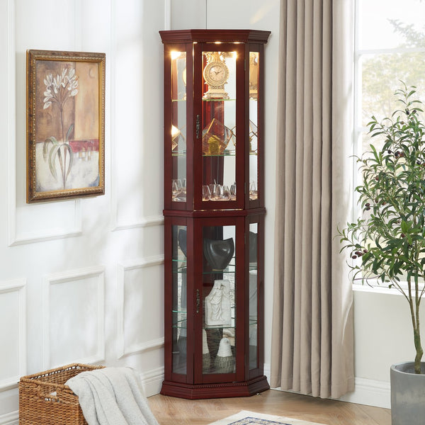 English Elm Corner Curio Cabinet with Lighted Top, Mirrored Back, Tempered Glass Shelves, Walnut Finish Elegance Cherry W1693P165015