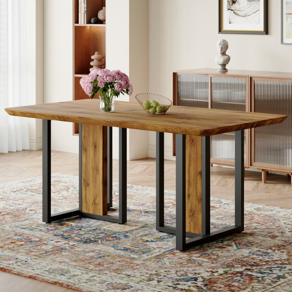 English Elm Modern Industrial Rectangular Dining Table with Wood Grain Top and Black Iron Frame W1151S01884