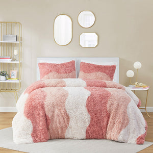 English Elm Full/Queen Cassie Ombre Shaggy Faux Fur Comforter Set - Tonal Wave Stripes, Reversible Blush, OEKO-TEX B035129808