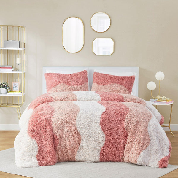 English Elm King/Cal King Cassie Ombre Shaggy Faux Fur Comforter Set - Tonal Wave Stripes, Blush Reverse, OEKO-TEX aprobación B035P148300