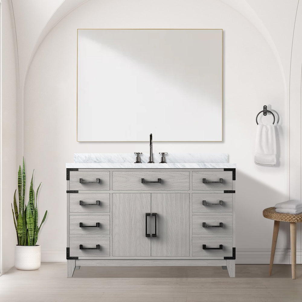 English Elm White Oak Single Bath Vanity 48" W x 22" D with Polished Carrara Marble Top, Chrome Faucet & 46" Mirror B2731S02017