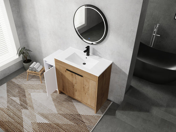 English Elm 48 Inch Freestanding Bathroom Vanity With Soft-Close Doors, Ceramic Sink & Ample Storage Space W999S00311