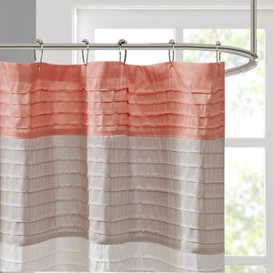 JLA Home Madison Park - Faux Silk Dupioni Shower Curtain with Pintuck Color-Block Panels, Lightweight Hotel-Quality Draping Coral MP70-2319