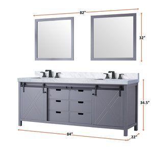 English Elm Dark Grey Double Bath Vanity 84" W x 22" D with Carrara Marble Top, Matte Black Faucets & 34" Mirrors B2731S01080