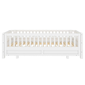 English Elm Twin Size Platform Bed With Guardrails - Solid Wood Frame, Convertible Design For Growing Kids & Guests W1580S00239-GIGA