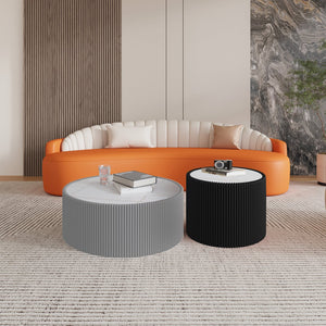 English Elm Light Marble Top Cylinder Coffee Table - Modern Leather Design For Living Room & Home Décor W3081P367624