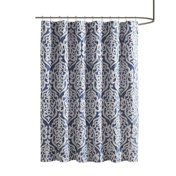 JLA Home Madison Park - Jacquard Silver Medallion Shower Curtain — Textured Damask Weave, 72x72 Durable Machine-Washable Navy/Silver MP70-6876
