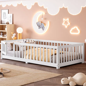 English Elm Twin Twin Size Floor Bed with Safety Guardrails and Playful Door for Kids, Pine/Plywood, Low Profile White W1580P338944