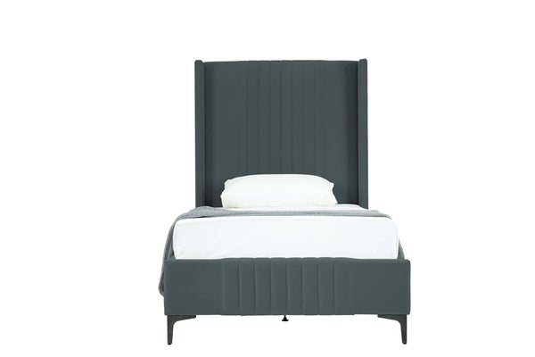 English Elm Promenade Upholstered Velvet Twin Bed with Vertical Stitched Headboard, Solid Slats, No Box Spring Needed Grey B365S00052