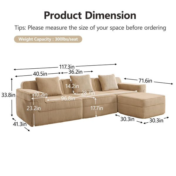 English Elm Modular 3-Seat L-Shape Sectional Sofa, Cloud Comfort In Soft Camel Corduroy With Movable Ottoman & Pillows W3041S00318