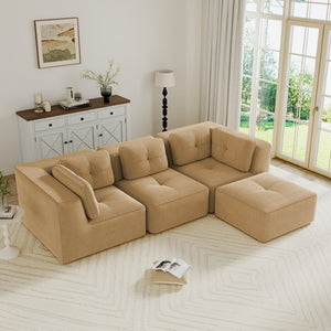 English Elm Modern Corduroy Sectional Sofa Tufted Deep Seat Couch with Movable Ottoman No Assembly Camel W714S01784