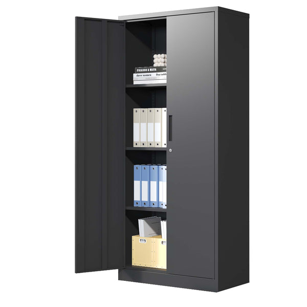 English Elm 71"H Heavy Metal Garage Storage Cabinet with 3 Adjustable Shelves, Locking 3-Point System & Anti-Tip Design Black T2398P152545