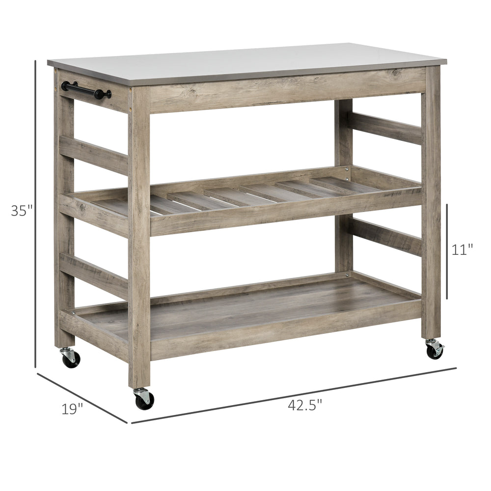 English Elm HOMCOM Mobile Kitchen Cart with Stainless Steel Top, Slotted Middle Shelf, Towel Handles & Wheels W2225P173898