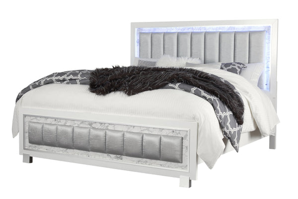English Elm SKYE Luxurious Marble-Accented King Bed with Padded LED Headboard, Solid Wood Frame, Panel Design White 82.09 L x 40.55 W x 5.71 H B201S00117