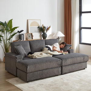 English Elm 84inch Corduroy Deep Seat Three Person Sofa with Storage Ottomans for Living Room Grey W834S00567
