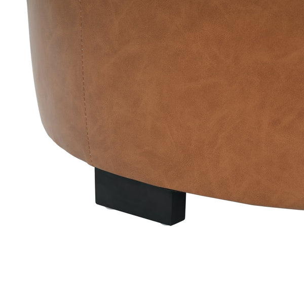 English Elm Christopher Knight Home® - Upholstered Round Button Tufted Ottoman in PU Leather with Dense Foam, Birch Legs, Versatile Seating Brown,Orange N757P291449T