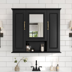 English Elm 36'' Mirror Cabinet with 3 Doors — Wall-Mounted Bathroom Storage Unit, MDF & Pine, Spacious Shelves Black N725P346902B