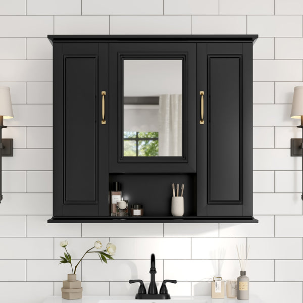 English Elm 36'' Mirror Cabinet with 3 Doors — Wall-Mounted Bathroom Storage Unit, MDF & Pine, Spacious Shelves Black N725P346902B