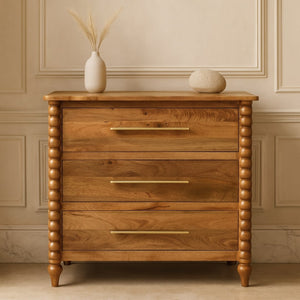English Elm Artisan Solid Mango Wood Spindle 3-drawer Chest Handcrafted Amber Oak Bedroom B182P438714