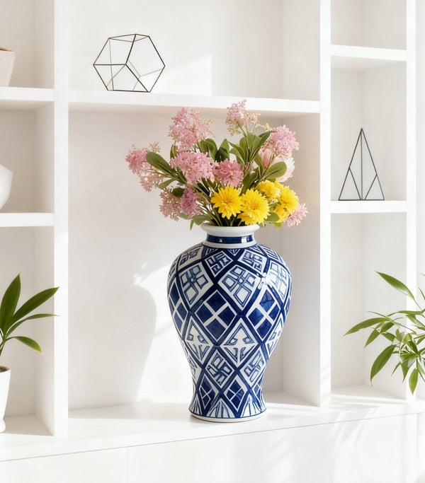 English Elm D7.8x12.8 Diamond-Pattern Valora Vase in Blue & White — Smooth Rounded Silhouette, Flared Rim Accent W2078P391074